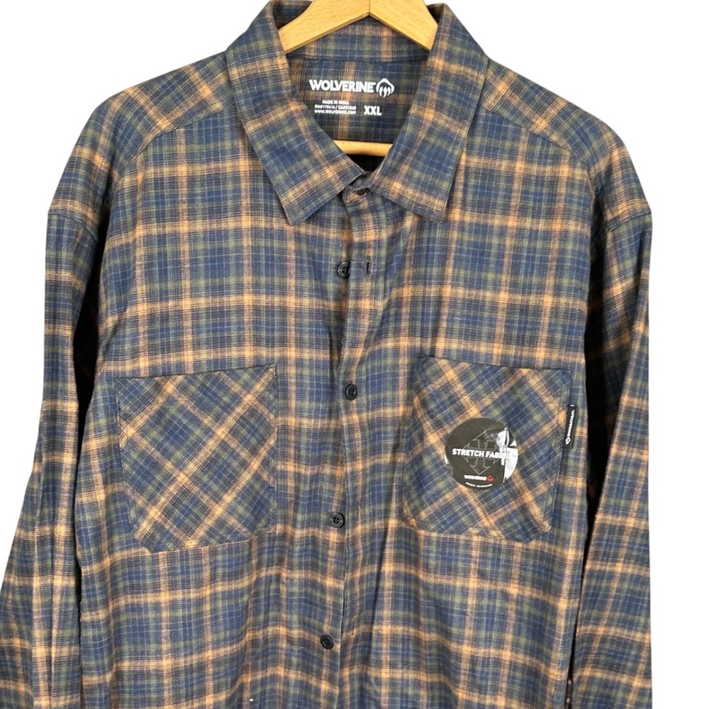 Wolverine Mens XXL Blue Brown Plaid Stretch Fabric Long Sleeve Button Up Shirt